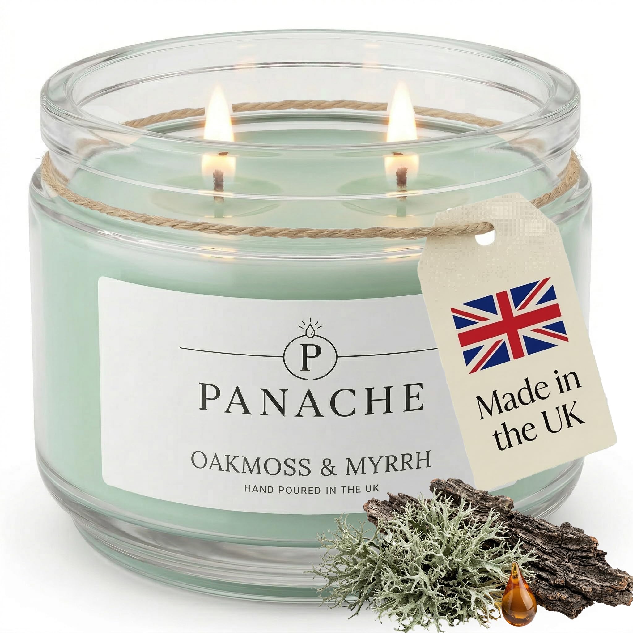 Panache Oakmoss & Myrrh Scented Candle – Double Wick Soy Wax Candle, 48 Hour Burn Time, Hand Poured in UK, Clean Burning Cotton Wicks, Luxury Glass Jar Candle for Home Fragrance & Gifts (320g)