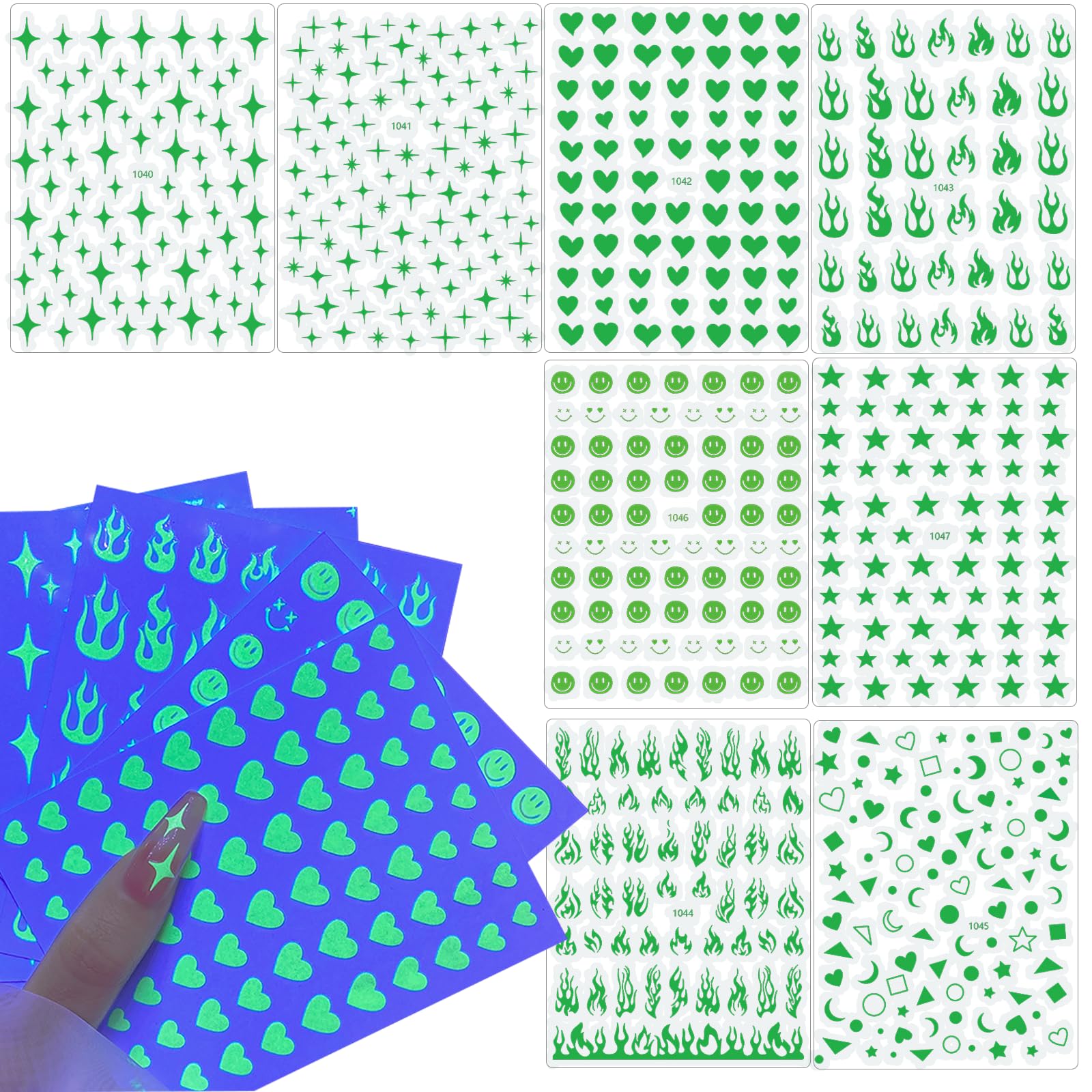 Photo 1 of 8PCS Luminous Nail Stickers,3D Self-Adhesive Fluorescence Flame Cloud Rainbow Nail Stickers Decals Glow in The Dark for Halloween Nail Art DIY Decoration