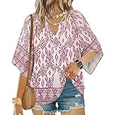 Ardazzl Womens 3/4 Length Sleeve Boho Tops V Neck Bohemian Blouses Cute Pleated Loose Fit Dressy Tunic Shirts