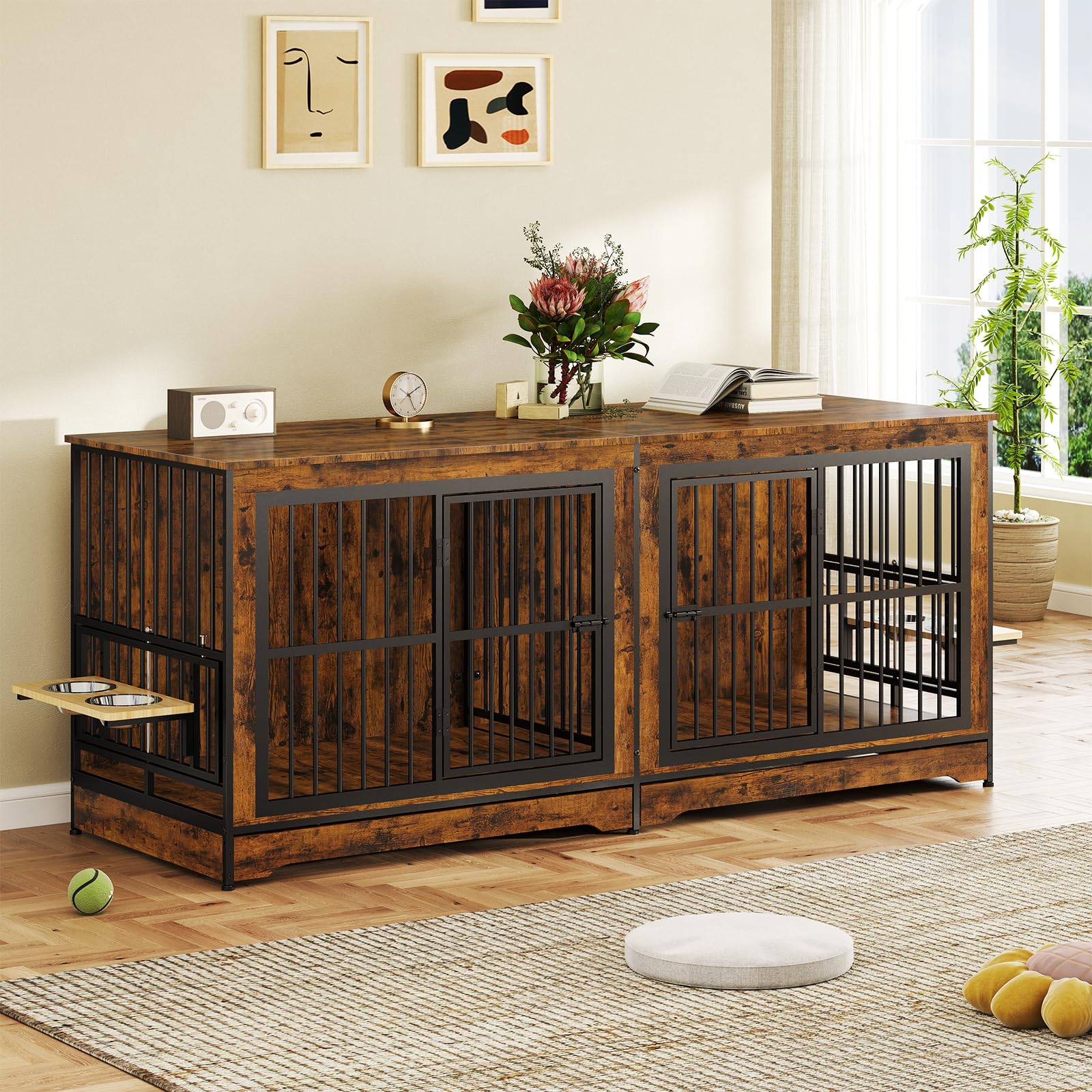 Photo 1 of **MINOR DAMAGE/check clerk comments**
Rovibek 78 Double Dog Crate Furniture for 2 Large Dogs Indoor, Wooden Furniture Dog Crates with Dog Bowl, Dog Kennel Furniture TV Stand Large Breed Brown