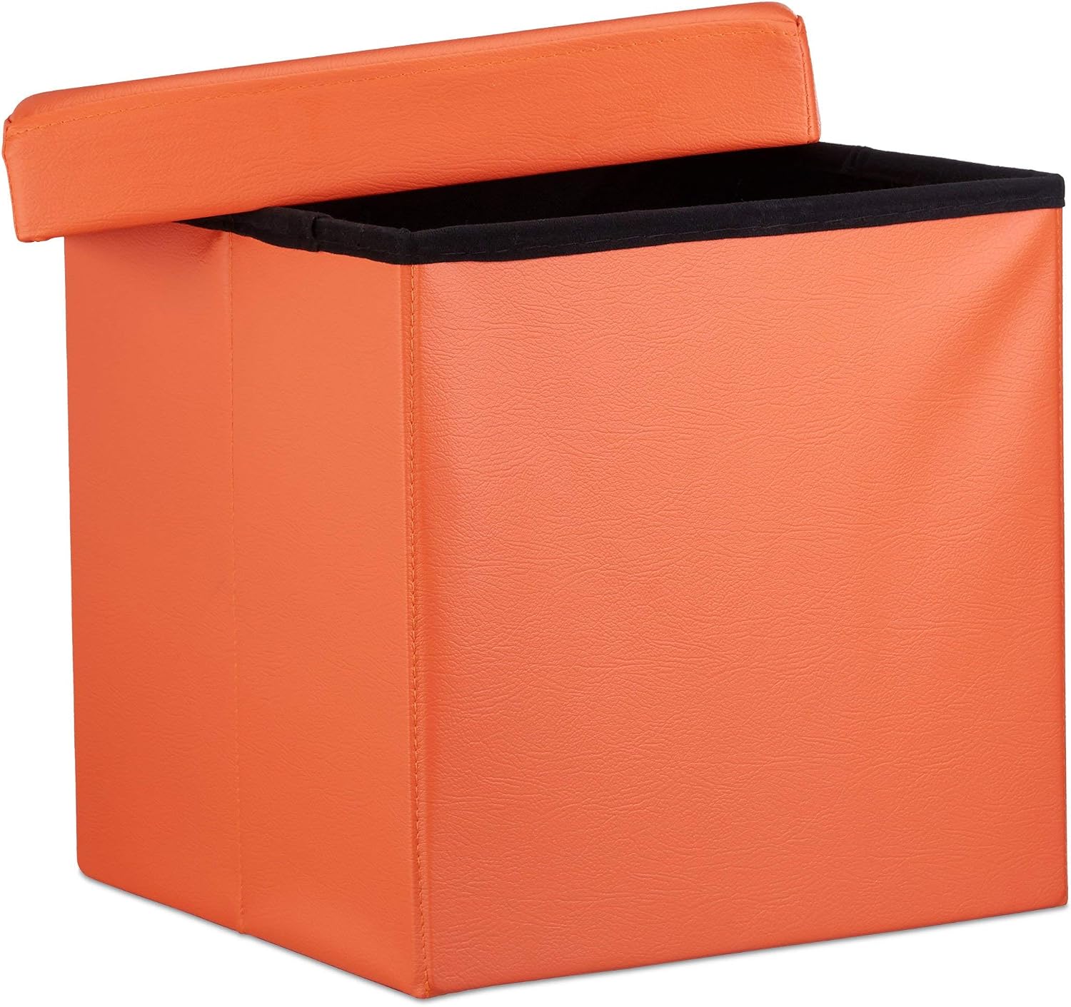Relaxdays Folding Ottoman 38 x 38 x 38 cm Sturdy Storage Chair Pouffe and Footstool, Faux Leather Box, Removable Lid, Orange - Image 3