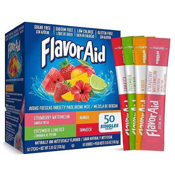 FLAVOR AID AGUAS FRESCAS SINGLES TO GO VARIETY PACK, POWDERED DRINK MIX, 1 BOX (50 SINGLE SERVINGS)