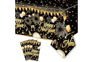 ORNACELE 4PCS New Year Tablecloth, Disposable Black Gold NYE Party Tablecloth Decorations, Rectangular Plastic Happy New Year Table Cover NYE Theme Party Supplies for Birthday Party Decorations, 108 x 54”