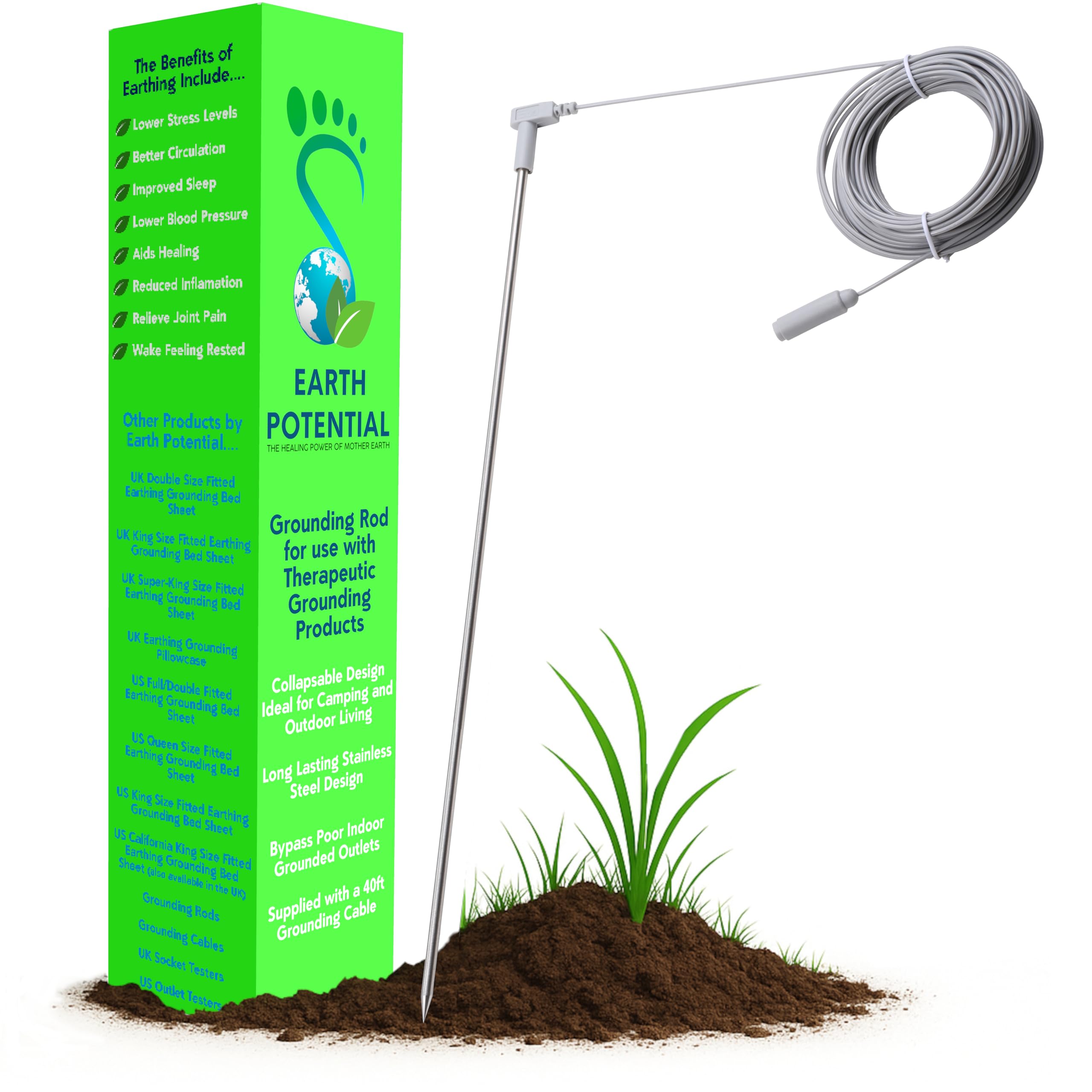 Grounding Rod, 20 inches Long with 40ft Cable for All Earth Connected Products Such as Grounding Sheets and Mats, Wrist Bands and Grounding Pillowcases