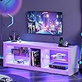 Bestier White TV Stands for Living Room, High Gloss Gaming TV Stand with Power Outlet, Modern Entertainment Center for Bedroom,LED TV Stand for 55/60/65 Inch TV, 55 Inch TV Console Table with Shelves