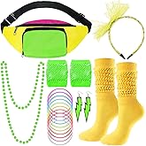 Handepo 19 Pcs 80s Costume Accessories Set Neon Retro 80s Fanny Pack Hairband Fishnet Gloves Bracelet Earrings Necklace Socks
