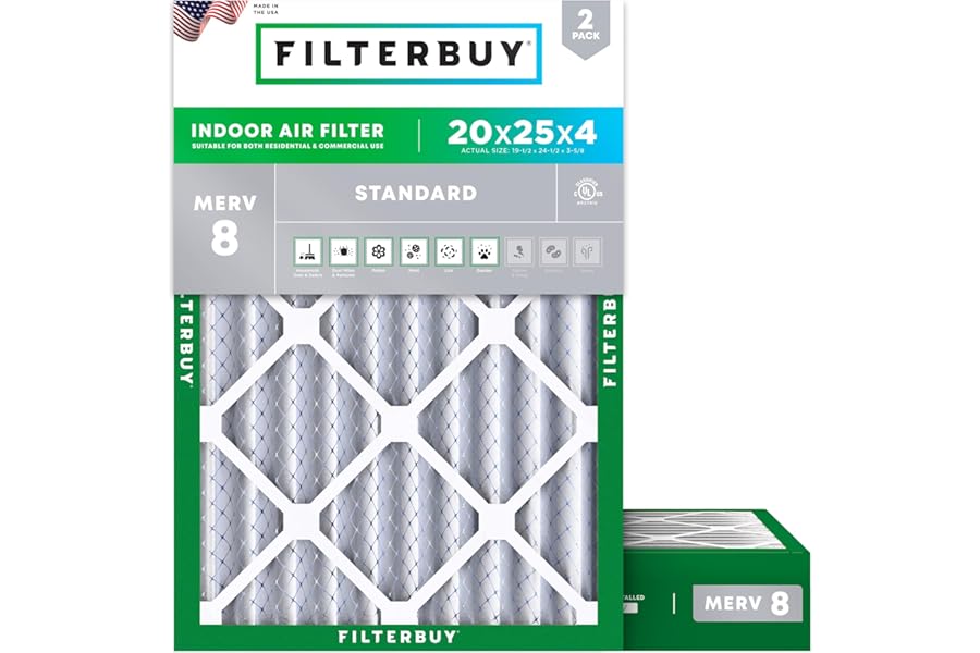 Filterbuy 20x25x4 Air Filter MERV 8 Essential Dust & Allergy Defense (2-Pack), Electrostatic Pleated HVAC AC Furnace Filters Replacement (Actual Size: 19.50 x 24.50 x 3.63)
