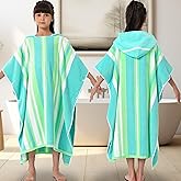 VOOVA & MOVAS Hooded Poncho Towels for Teens (8-16Years), 100% Cotton Thick Poncho Towel for Big Kids, Perfect for Pool, Beach, Bath, Green White Stripe
