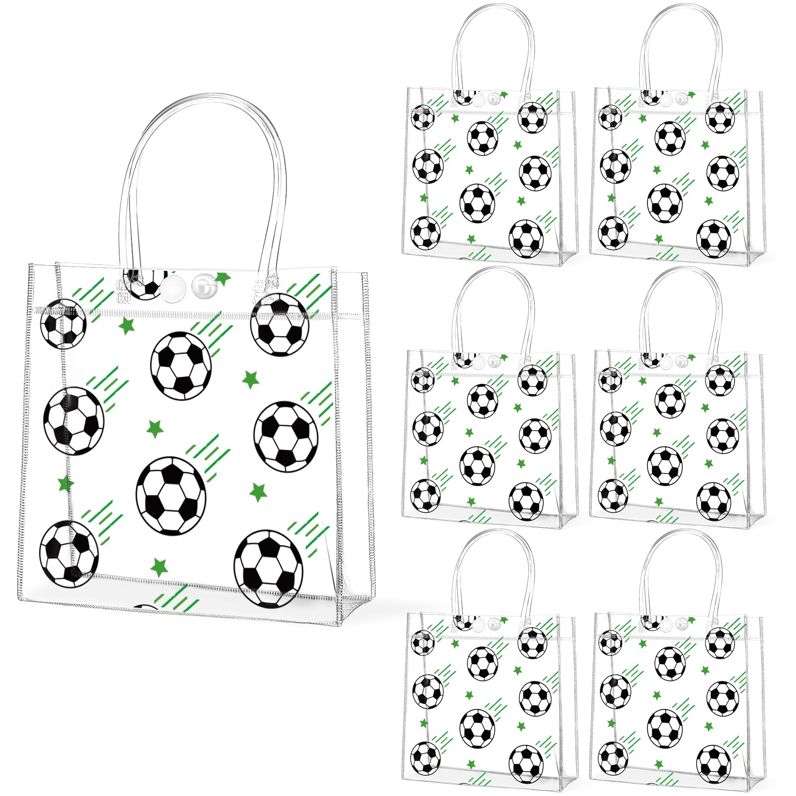 Photo 1 of 24Pcs Soccer Clear PVC Gift Bags With Handles Bulk 8 x 8 x 3 In Sport Theme Goodie Treat Candy Bags Soccer Team Present Wrap Tote Bag for Boys Birthday Party Favor Baby Shower Decorations Supplies