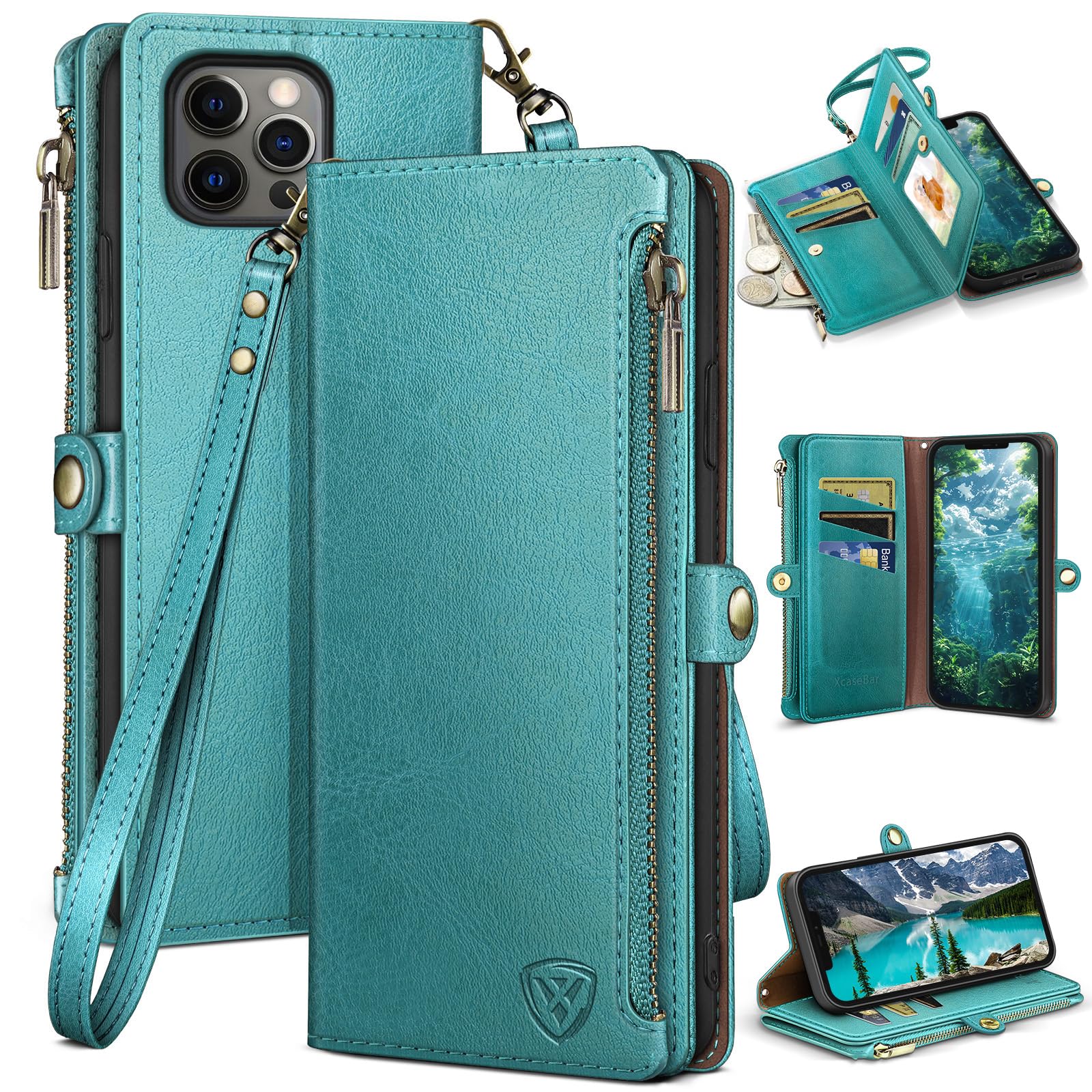 Photo 1 of XcaseBar for iPhone 13 Pro Max 6.7" Wallet case with Zipper Credit Card Holder?RFID Blocking?, Flip Folio Book PU Leather Phone case Shockproof Cover Women Men for Apple 13 Pro Max case Blue Green