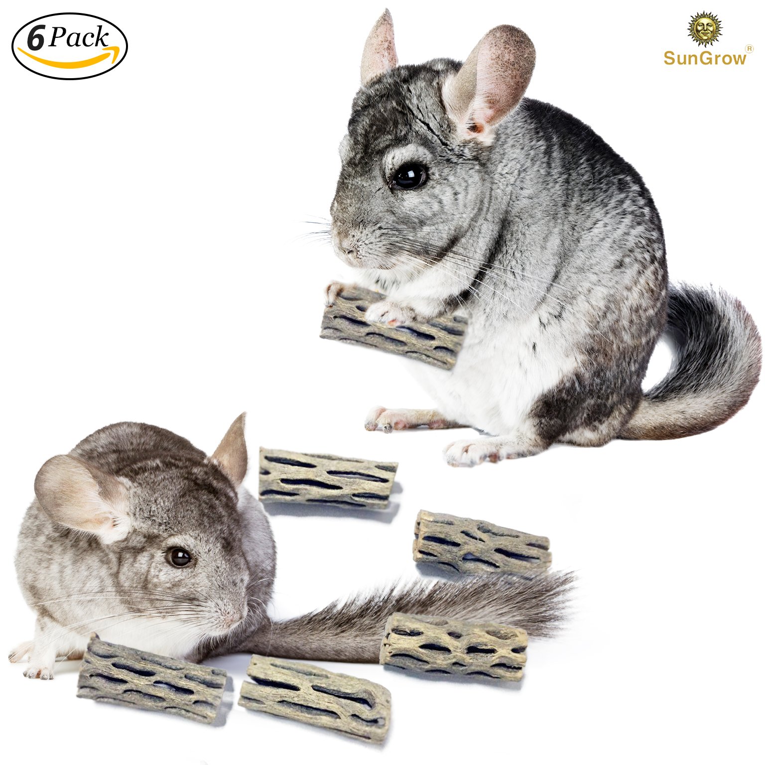 6-pcs Natural Cholla wood for Chinchillas by SunGrow - 100% Organic soft wood, Chemical-free, thorn-free - Keeps Chinchilla teeth healthy - Chew toy for ferrets, guinea pigs, gerbils, mice, hamsters