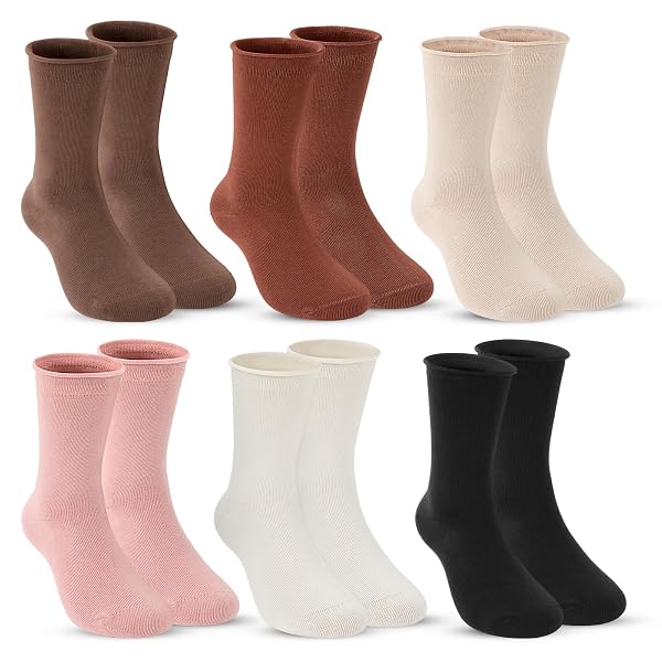JAKIDAR GIRLS CREW SEAMLESS SOCKS KIDS CASUAL DRESS COTTON SOCKS 6 PAIRS, BEIGE BLACK BROWN PINK SIGNAL BROWN WHITE, 8-12Y