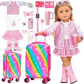 American 18 Inch Doll Suitcase Accessories Clothes Outfit with Travel Set | pink doll suitcase for 18 inch doll Include Rainbow suitcase, Sunglasses,Shoes,Bow,Watch,Tumbler, Phone, Gift for Girls