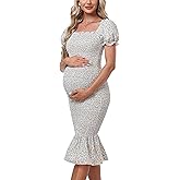 Summer Floral Midi Bodycon Maternity Dresses, Short Puff Sleeve Square Neck Ruffle Hem Mermaid Baby Shower Dress
