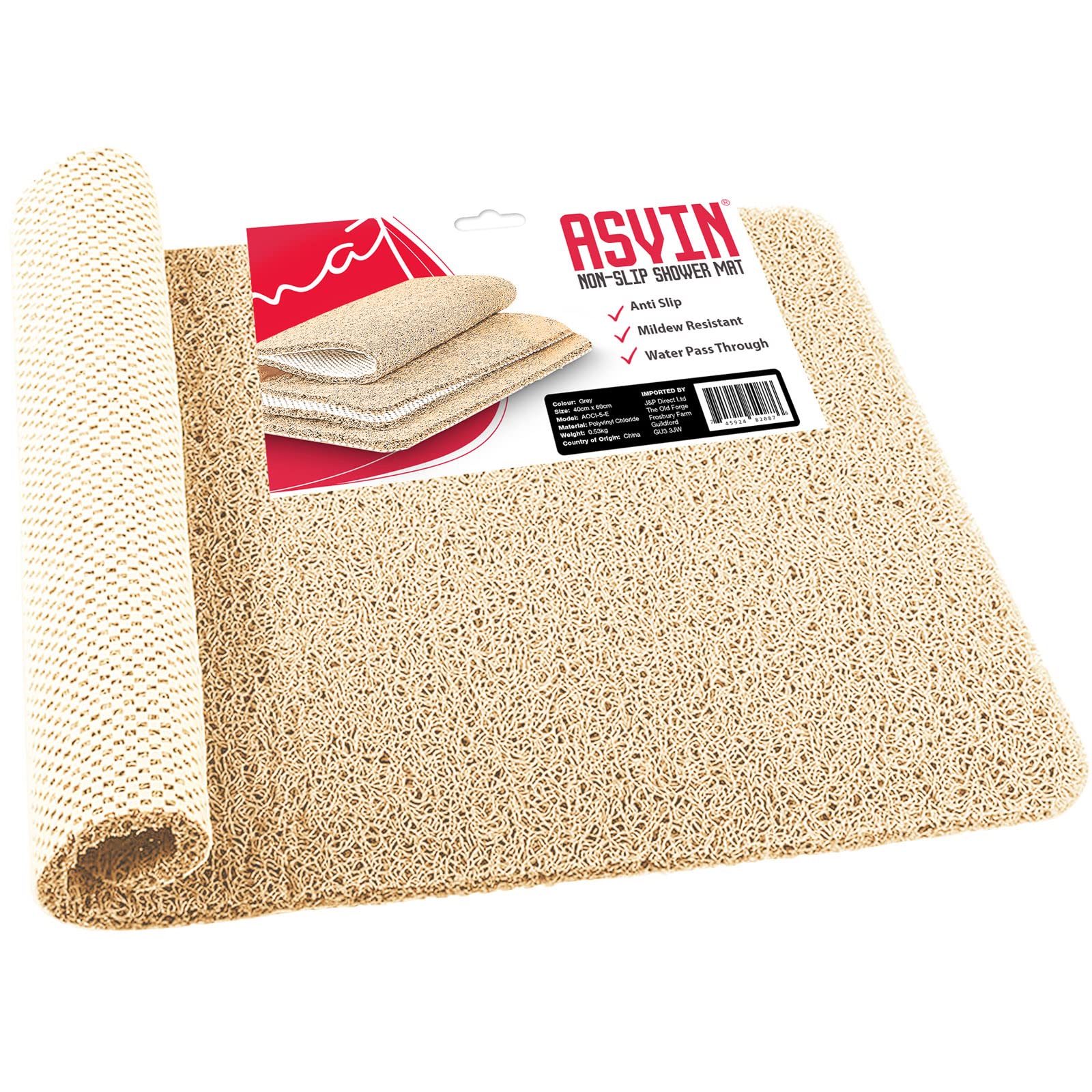 Asvin Soft Textured Beige Shower Mat Non Slip Anti Mould for Inside Shower & Bath 24x16 inch Phthalate Free Rubber Loofah Bathroom Mats for Slippery Surfaces, Quick Dry Antibacterial & Mould Resistant