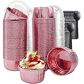 Foil Cupcake Liners Baking Cups With Lids 100 Pack,LNYZQUS 5.5 Oz Large Cupcake Tins Muffin Cups,Disposable Ramekins With Lids,Cupcake Wrappers Holders For Wedding Bakery,with Spoons-Rose Gold