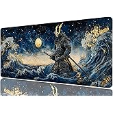 Japanese Samurai Desk Mat Gaming Desk Pad Large Mouse Keyboard Pad Wave Moonlight Night Sky Anime Desktop Mats Computer Keyboard Pad Mouse Mat Laptop Mat Office Home Decor 31.5" x 11.8"