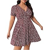 Floerns Women's Plus Size Summer Short Sleeve A Line Floral Dress Warp V Neck Ruffle Boho Sundress Short Dresses