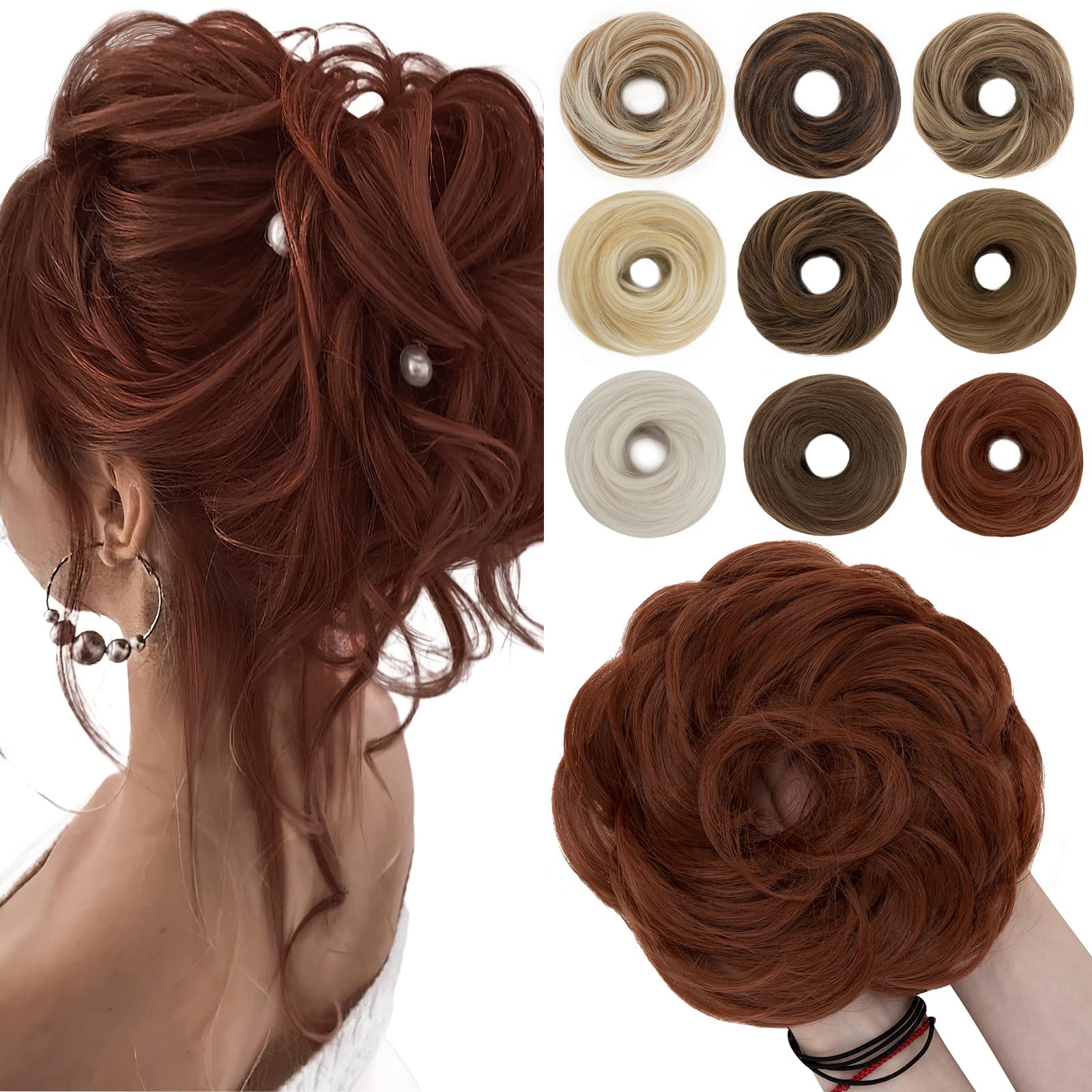 SEGO 55g Messy Bun Fluffy Tousled Updo Scrunchies Synthetic Thicker Hair Bun Hair Piece For Women Donut Easy Bun Hairpiece, Auburn Ginger, 1 Count