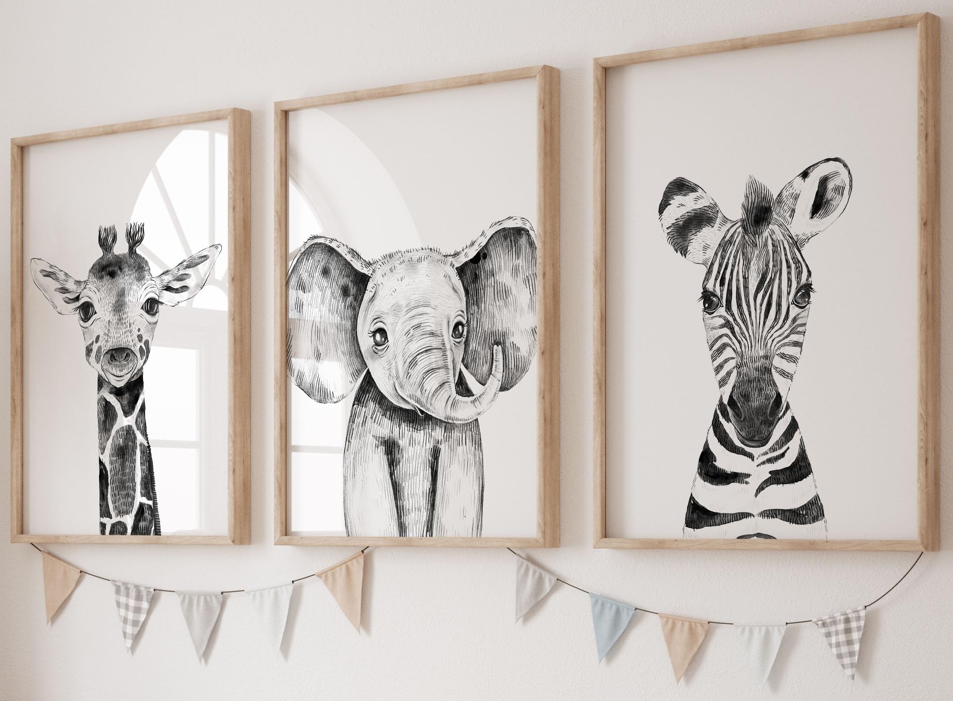 Safari Animals Baby Girl Boy Set of 3 Nursery Unframed Prints, Bedroom Decor Wall Art Posters, Elephant Giraffe Zebra, Black White Style Prints (3 prints, A3) — image 1