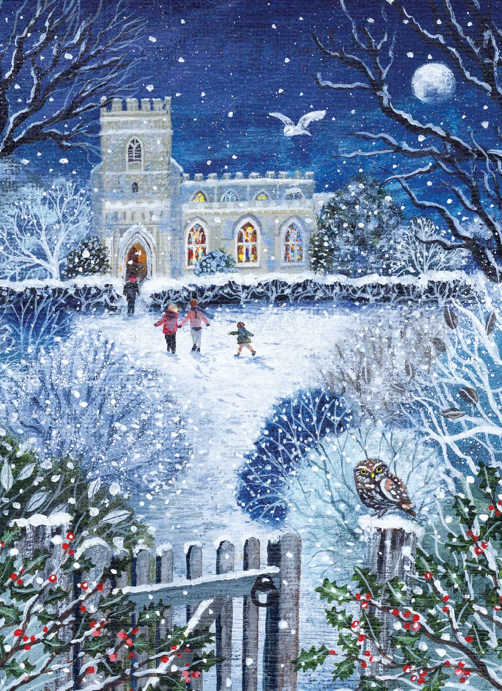 Museums & Galleries Pack of 8 Artistic Charity Christmas Cards - 'Evening Song' by Lucy Grossmith - Stunning Snowy Church Scene With Owls - 8 Cards of 1 Design