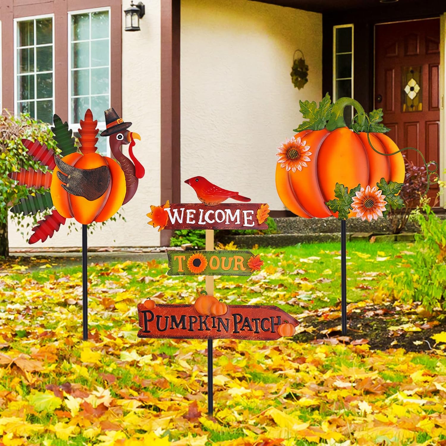 Decorative Garden Stakes - Whaline 3 Pack Thanksgiving Garden Stake 3D Pumpkin Turkey Welcome Sign Yard Stake Large Rustic Metal Thanksgiving Lawn Sign for Fall Home Garden Yard Lawn Patio Backyard Walkway Decorations