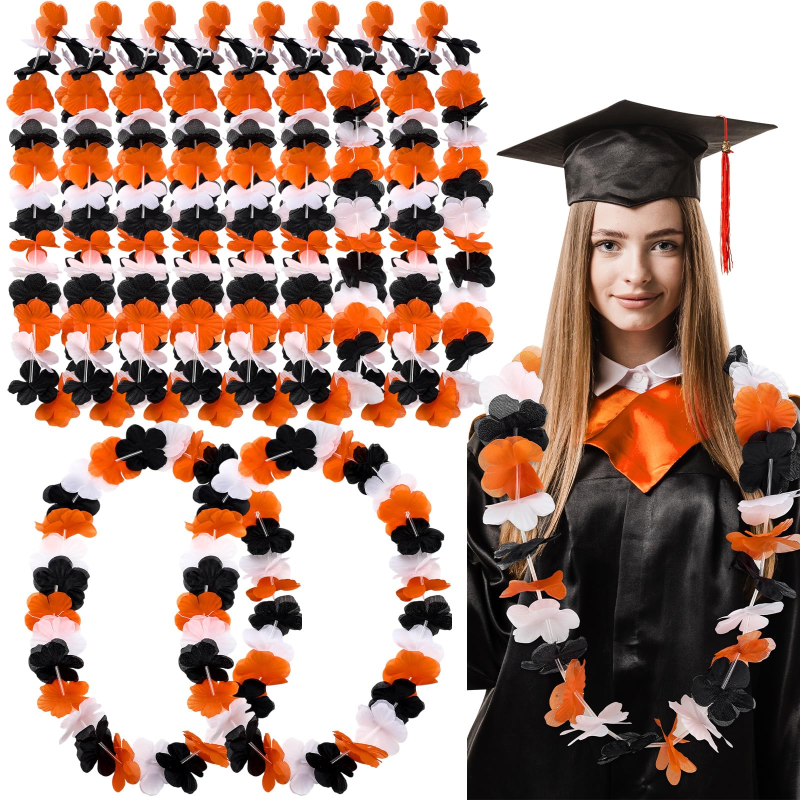 Photo 1 of Zeyune 20 Pcs Bulk Graduation Leis Class of 2025 Hawaiian Leis Flower Necklaces 39.4 Inch Graduation Garlands for High School College Graduate Grad Party Favor Photo Prop (Black White Orange)