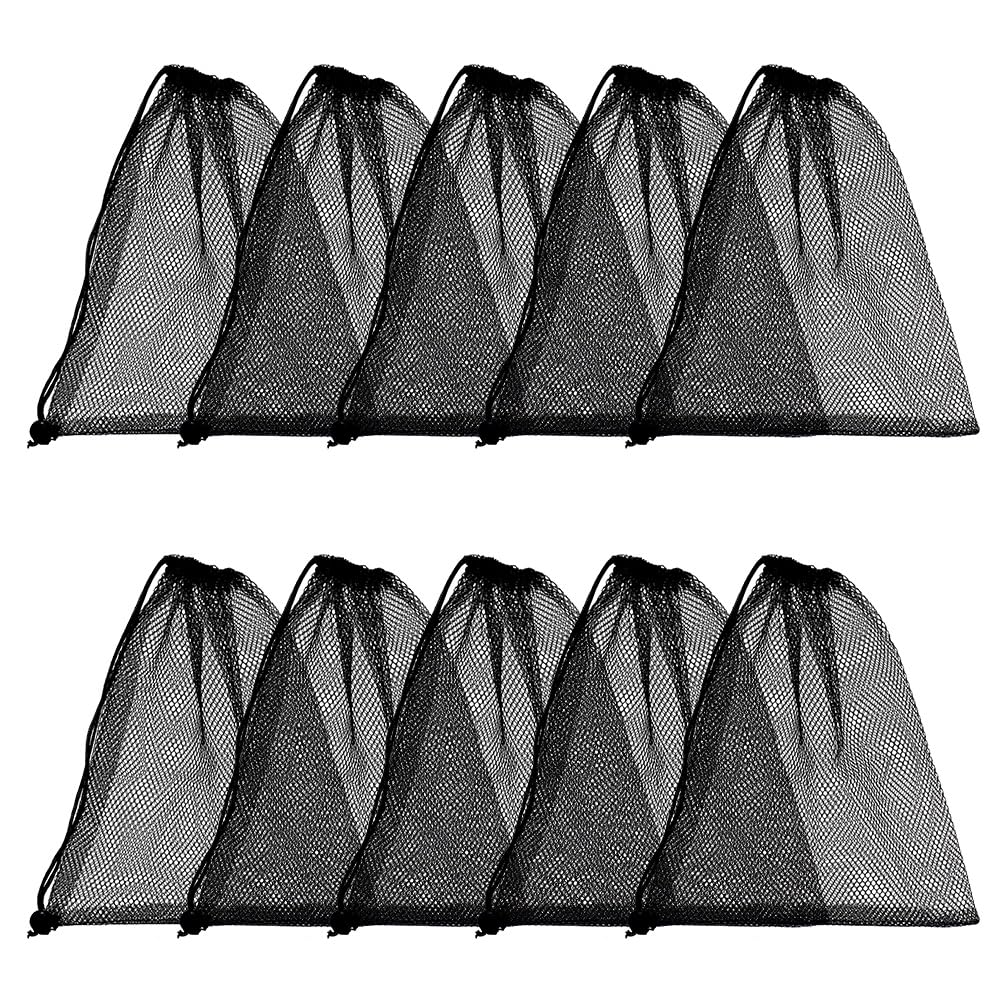 DELORIGIN 10pcs Mesh Drawstring Bag 10 x 12 inch Black Small Bags With Pull Rope Thicken Portable Storage Bags Outdoor Mesh Organizer Bag for Travel Hike Sports Diving Beach Collecting