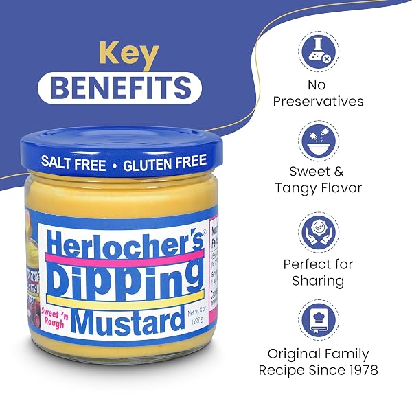 HERLOCHER’S DIPPING MUSTARD – SWEET & TANGY MUSTARD DIP, 8 OZ JAR | GLUTEN-FREE, SALT-FREE, FAT-FREE | PERFECT PRETZEL & SNACK DIP | MADE IN USA
