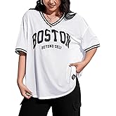 Verdusa Women's Plus Size Oversized Graphic T Shirts V Neck Half Sleeve Letter Print Mesh Tee Tops