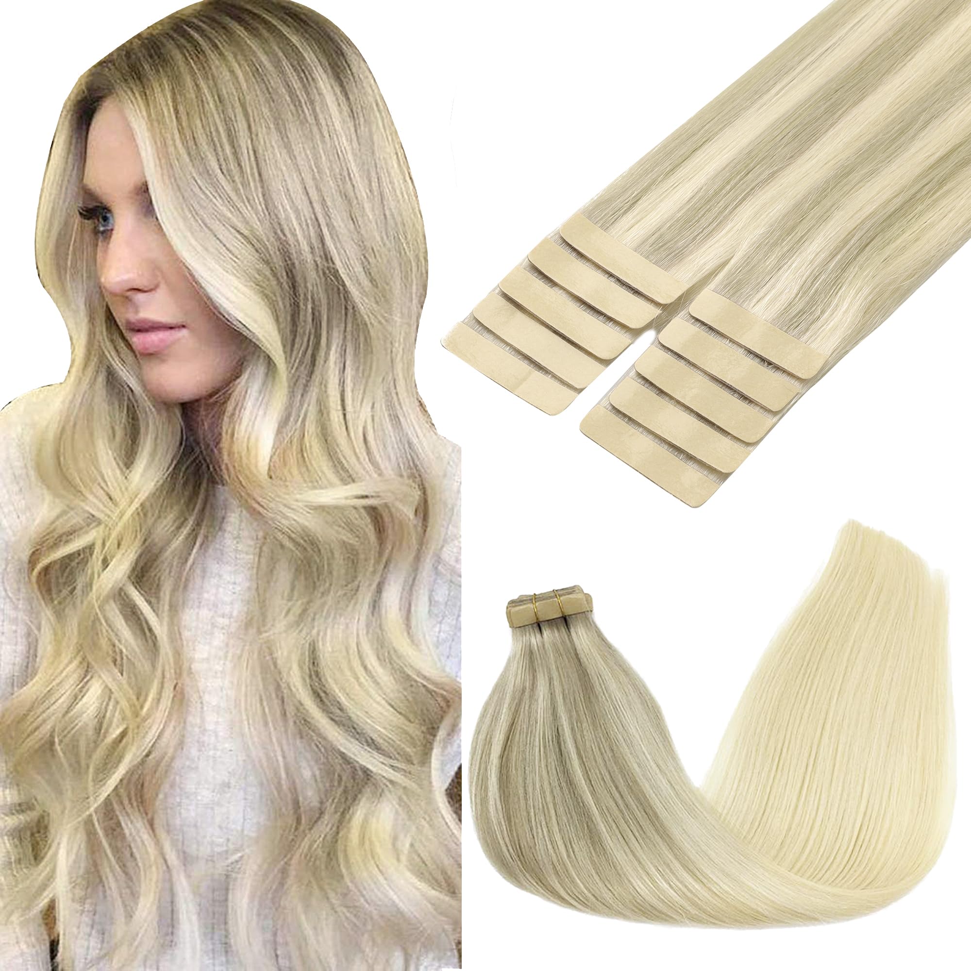 GOO GOO Tape in Hair Extensions Human Hair, 20inch 30g 10pcs, Real Remy Hair Extensions Seamless Straight Tape in, Balayage Ash Blonde to Golden Blonde and Platinum Blonde