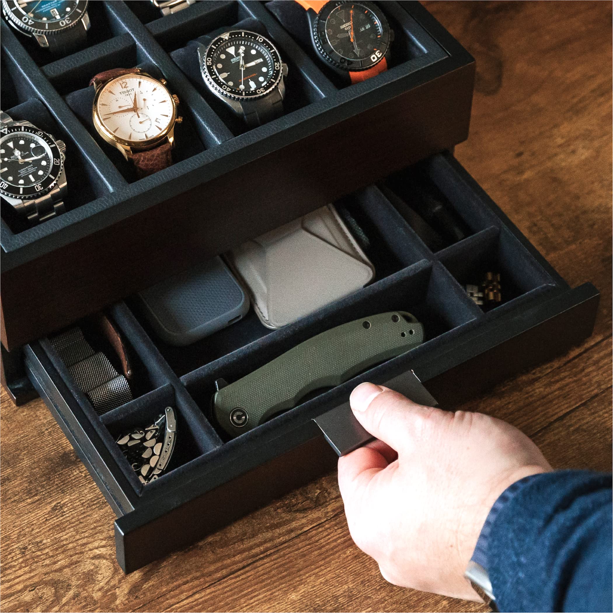 8 Slot Watch Box Case Organizer for Men, Black Finish, Watch Display Case, Modular Valet Tray, Apple Watch Compatible with Apple Watch Stand, Accessory Drawer, Pillow Stands
