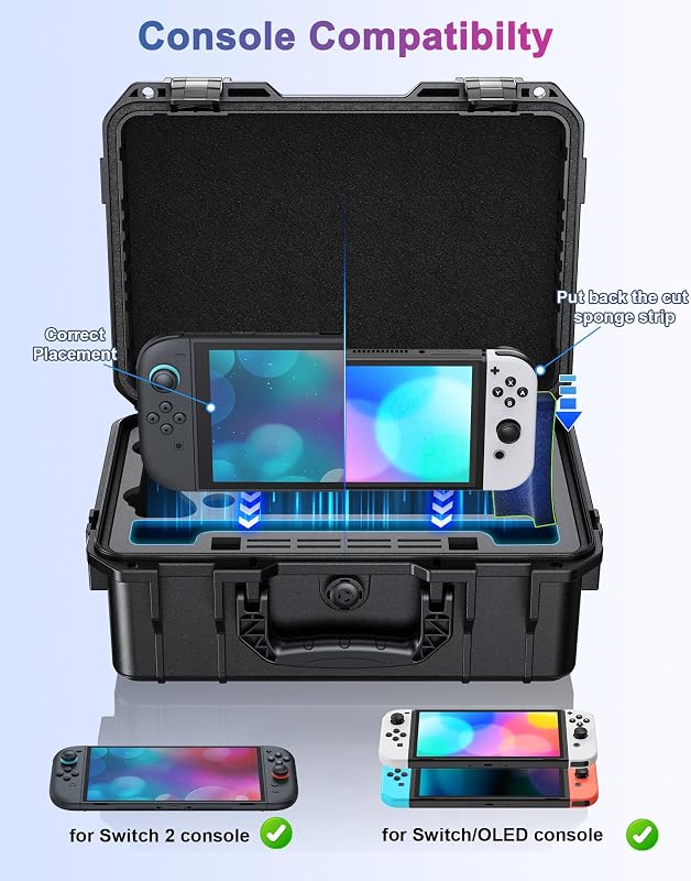 Capa ultra rígida para consola e comando Nintendo Switch 2/Switch 1/OLED, estojo de transporte tudo-em-um, armazenamento seguro para viagens para comando profissional e mais acessórios para a Switch