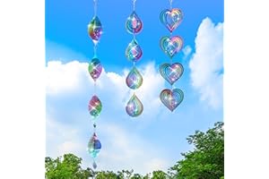 PEATEND Wind Spinner Outdoor Rainbow Gradient 3D Metal Love Heart Fish Bone Water Drop, Highly Reflective Double-Sided Bird Reflectors to Keep Birds Away for Yard and Garden, Decor Christmas Ornaments