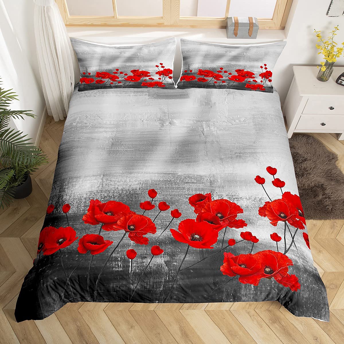 Red Poppy Duvet Cover Watercolor Flower Art Bedding Set for Women Adult Girls Romantic Botanical Nature Comforter Cover Gray Red Microfiber Bedspread Cover King Size — image 1