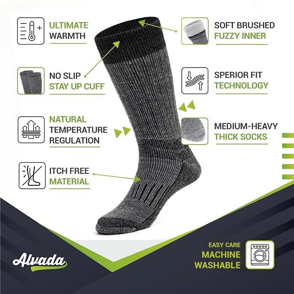 ALVADA WARM THERMAL WOOL SOCKS FOR WINTER MOISTURE WICKING AND BREATHABLE COZY BOOT SOCKS CHARCOAL LXL