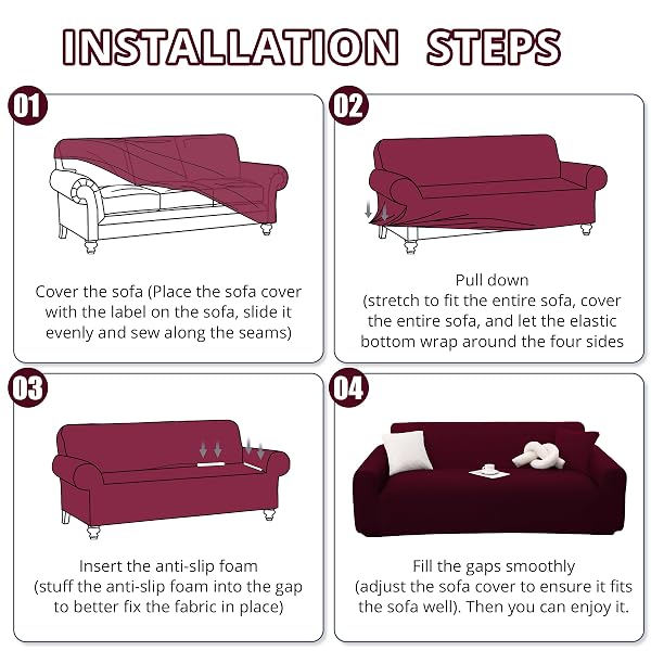 OBLU LIFE STRETCH COUCH COVER FOR 2 CUSHION LOVESEAT SOFA, FITS 57 X 72 INCH, JACQUARD WAFFLE FABRIC SLIPCOVER, WASHABLE PET FRIENDLY FURNITURE PROTECTOR WITH ELASTIC BOTTOM, WINE RED, 2 SEATS