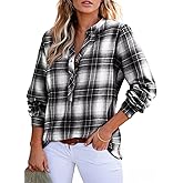 Astylish Women's V Neck Plaid Shirts Flannel Casual Blouses Button-Down Business Long Sleeve Boho Tops
