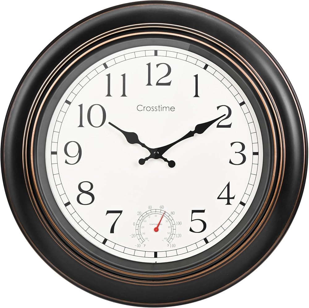 Crosstime 18 Inch Outdoor Clock with Thermometer Waterproof Bronze Garden Clock