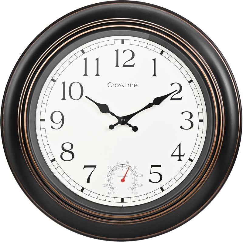 Crosstime 18 Inch Outdoor Clock with Thermometer Waterproof Bronze Garden Clock