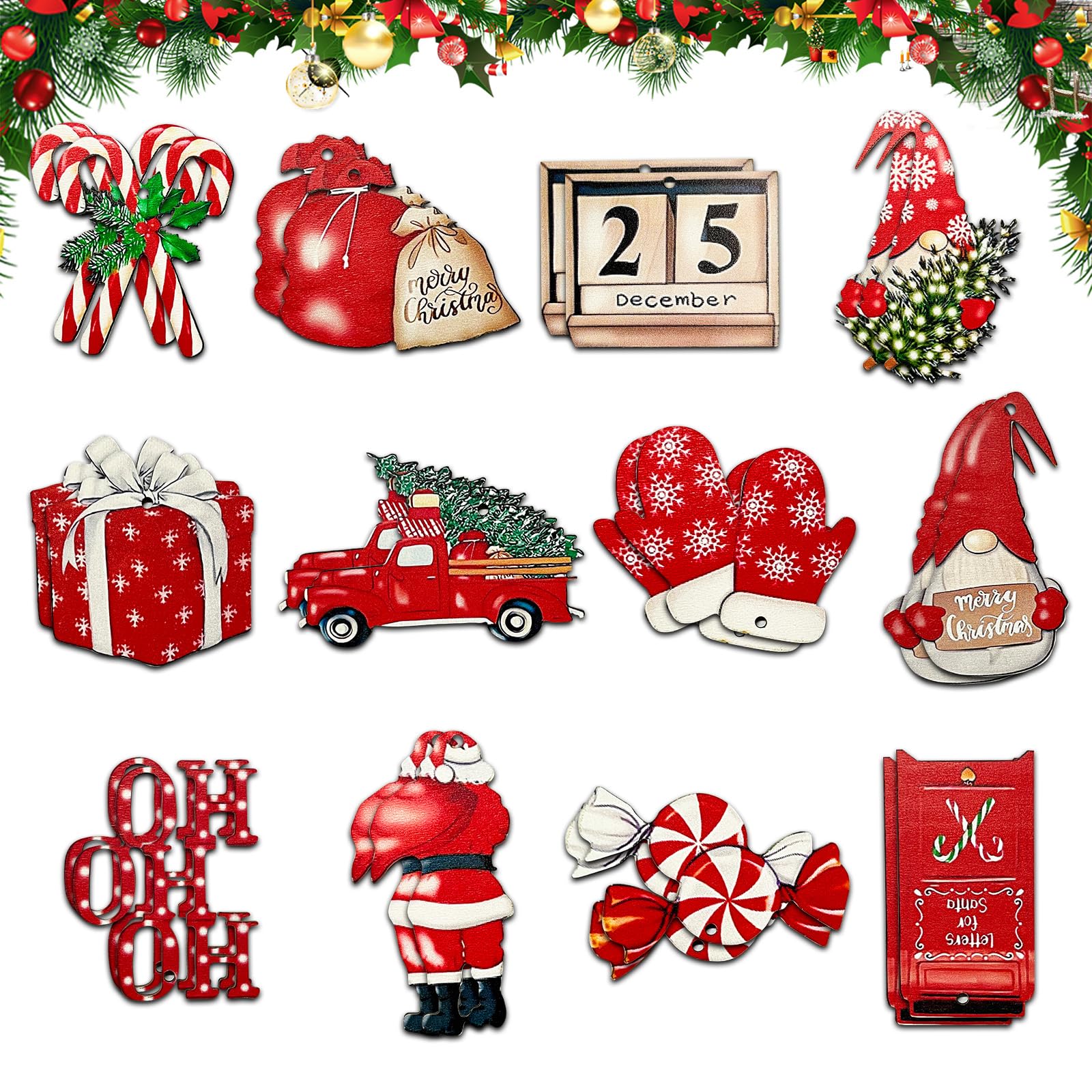 Photo 1 of 24pcs Christmas Wooden Ornaments, Red Gnome Candy Cane Santa Claus Truck Gloves Wood Cutouts Tags Winter Wood Hanging Decor for Christmas Tree Decorations Hanging Craft Holiday Party Supplies
