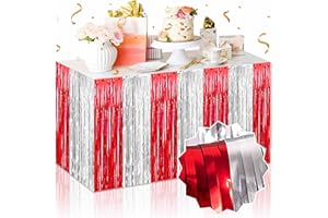 LANTIANCHEN 3 Pack Red and Silver Foil Fringe Table Skirts, Tinsel Table Skirts Streamers Garland for Rectangle Table, Banquet, Parade Float, Graduation, Birthday, Wedding, Event Party Decoration (29x108 In)