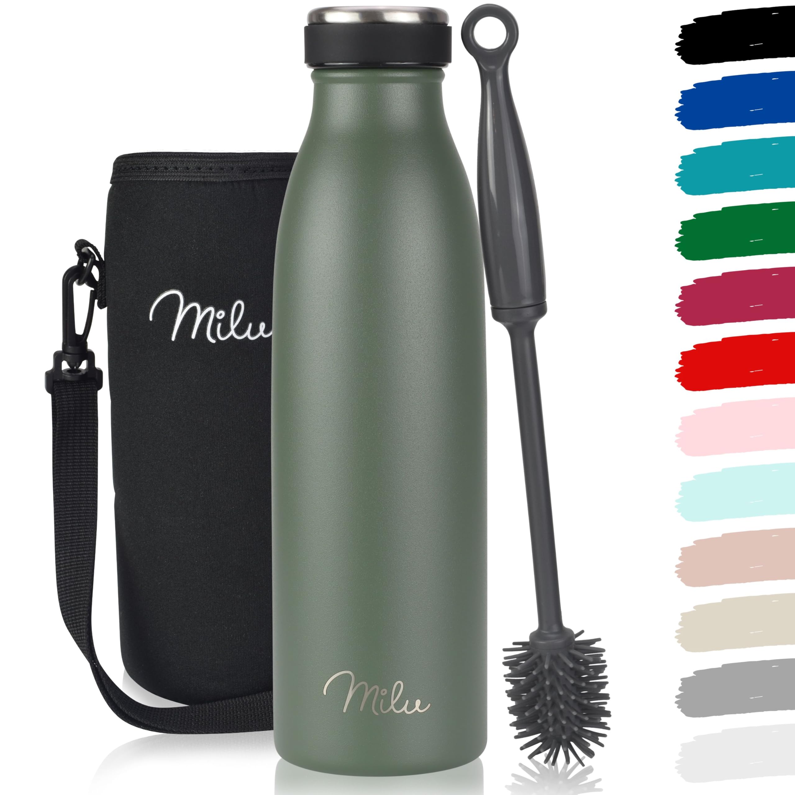 Milu Stainless Steel Drinking Bottle 500 ml - Insulated Thermo Flask for Water - Leak Proof, Insulated and Double Walled, Carbonated (Olive Green, 500ml) — image 1