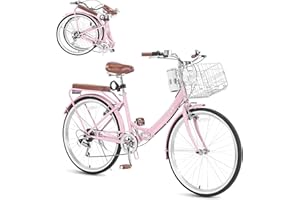 BGGFNZ 24/26 Inch Foldable Beach Cruiser Bike for Womens, 7 Speed Womens Bike with Basket and Coffee Cup, Commuting Bicycles for Women, Lightweight Complete Cruiser Bikes Bicycle for Ladies​​ Adults