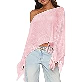 RPYHF Womens Summer One Shoulder Knit Sheer Poncho Trendy Lightweight Boat Neck Fringe Pullover Sweaters