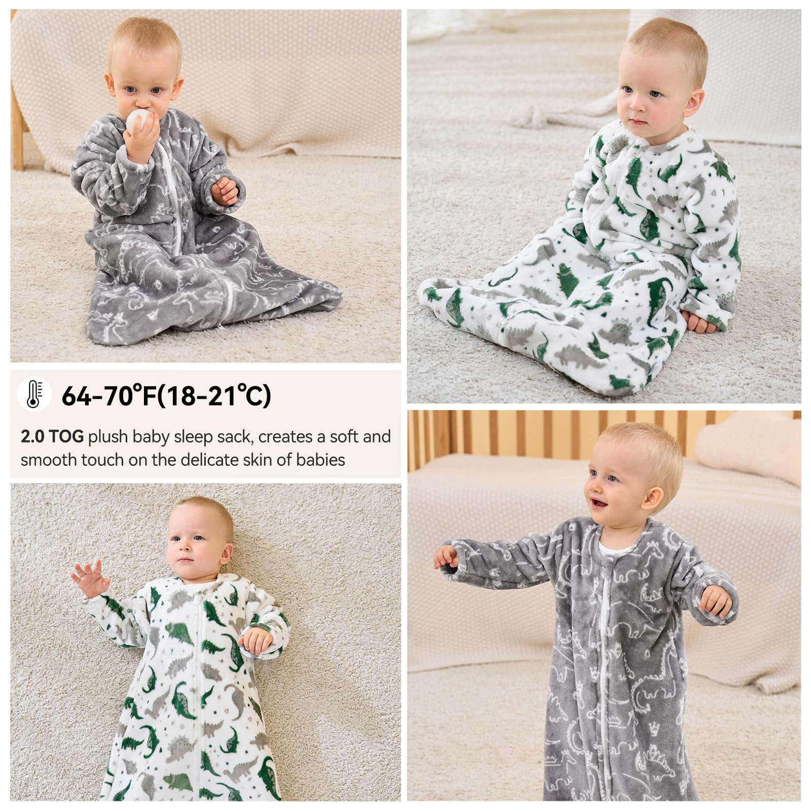 Unnivoll Unnivoll Fleece Baby Sleep Sack 6-12 Months Long Sleeve 2.0 Tog Baby Wearable Blanket with 2-Way Zipper Warm Sleeping Sack for Toddler Infant Newborn - Medium Grey White Dinosaur