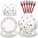 Greencian 96 Pcs Valentine's Day Decorations Disposable Love Heart Flowers Paper Plates and Napkins Watercolor Lovely Flowers Tableware Set for Valentine Anniversary Wedding Supplies, Serves 24