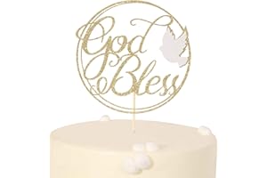 LINLULU God Bless Cake Topper with Dove - Glitter Gold First Communion, Religious Baptism, Christening, Child Dedication Keepsake Decorations