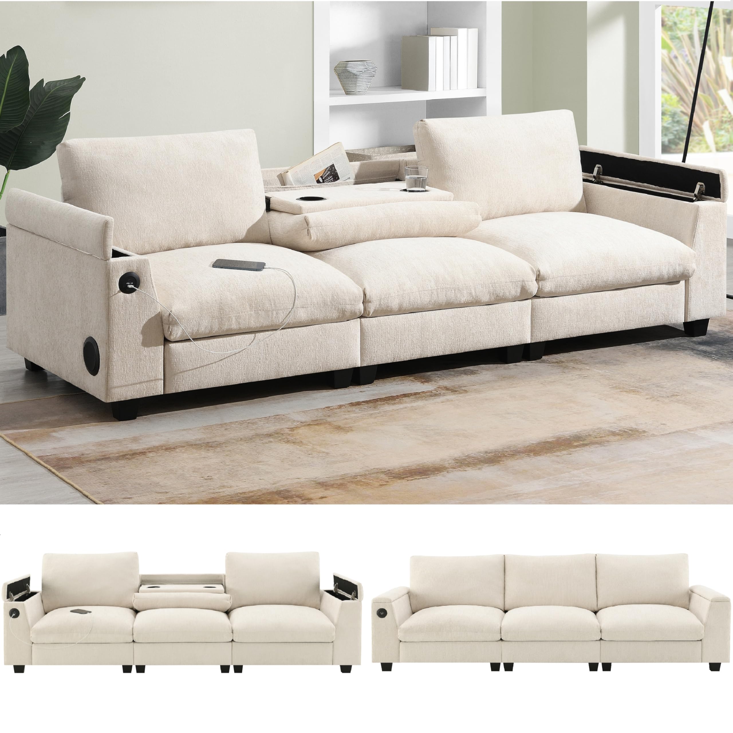 Photo 1 of ***PARTIAL SET**Merax 96" Chenille Sectional Sofa with Bluetooth Speaker & Cup Holders, 3 Seat Cloud Couch Set with USB Charger & Drop Down Table, Living Room Small Couches W/Storage for Apartment Office, Beige