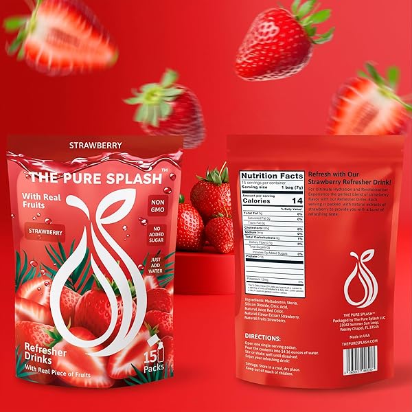 REFRESHER DRINK STRAWBERRY SPLASH – NATURAL STRAWBERRY MIX WITH REAL FRUIT PIECES – ZERO SUGAR, LOW-CALORIE, NON-GMO – HYDRATE BOOST & LIQUID HYDRATION SUPPORT – 15 PACKETS